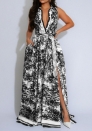 2025 New Women's Floral Print Maxi Dress – Fashionable, Sexy High Slit, Bohemian Flowy Dress with Belt