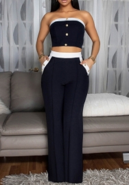 2025 Women's Sexy Color-Block Halter Top & Wide-Leg Pants Set – High Waist Straight Cut with Decorative Buttons