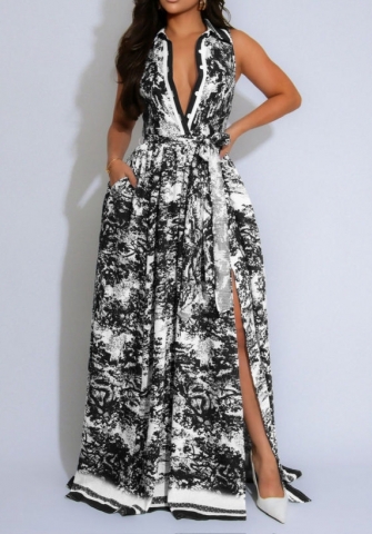 2025 New Women's Floral Print Maxi Dress – Fashionable, Sexy High Slit, Bohemian Flowy Dress with Belt